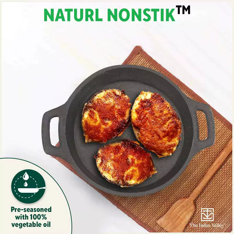 The Indus Valley CASTrong Cast Iron Fish Fry Pan, Pre-seasoned, Nonstick, 100% Pure, Toxin-free, Induction, 22.4/25cm, 1.5kg/2kg | Grocsy