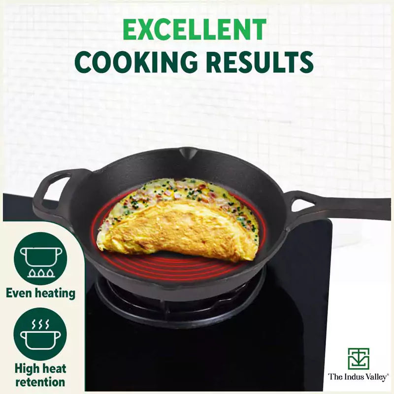 The Indus Valley CASTrong Cast Iron Fry Pan/Skillet, Pre-seasoned, Nonstick, 100% Pure, Toxin-free, Induction,Spatula, 25.4cm, 1.7L, 2.3kg | Grocsy