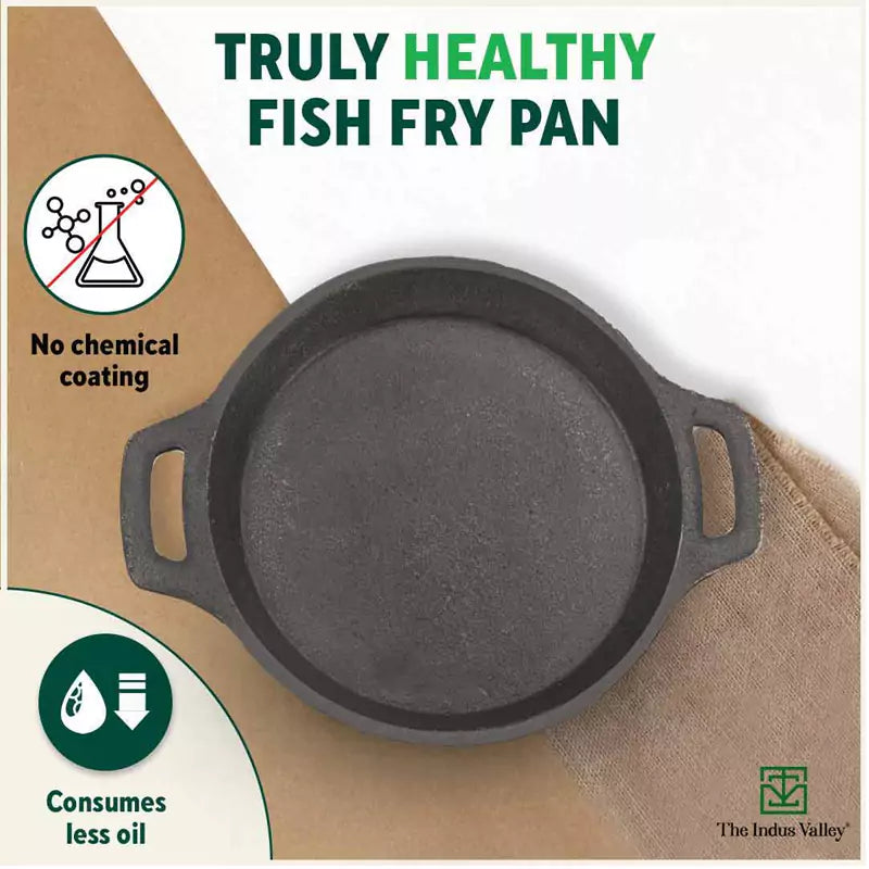 The Indus Valley CASTrong Cast Iron Fish Fry Pan, Pre-seasoned, Nonstick, 100% Pure, Toxin-free, Induction, 22.4/25cm, 1.5kg/2kg | Grocsy