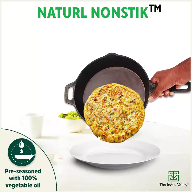 The Indus Valley Super Smooth Cast Iron Frypan, Pre-seasoned, Nonstick, 100% Pure,Toxin-free, Tadka Pan, 25.4cm, 1.7L, 2.4kg | Grocsy