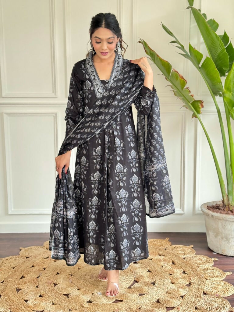 Black Pure Cotton Printed Anarkali Suit with Dupatta - Rashmika | Grocsy