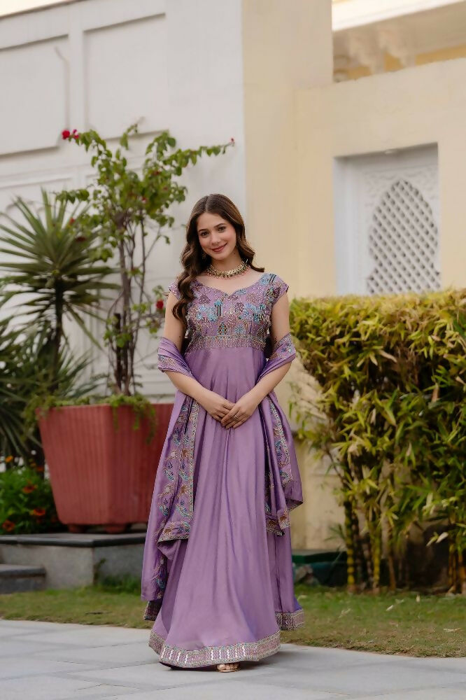 Teeya Creation Lavender Color Vichitra Silk Designer Party Wear long Gown | Grocsy