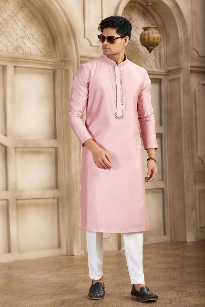 Raivat Ethnic Banarasi Art Silk Mirror Work Kurta Pajama In Dark Pink Colour | Grocsy