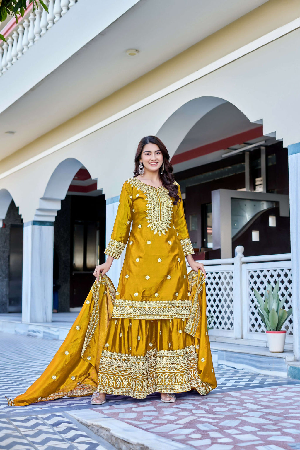 Teeya Creation Yellow Color Chinon Silk Heavy Embroidery Work Wedding Wear Sharara | Grocsy