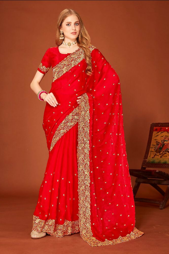 PR Fashion Red Fendi Two Tone Silk Heavy Zari Embroidery Work With Heavy Siroski Work Saree | Grocsy
