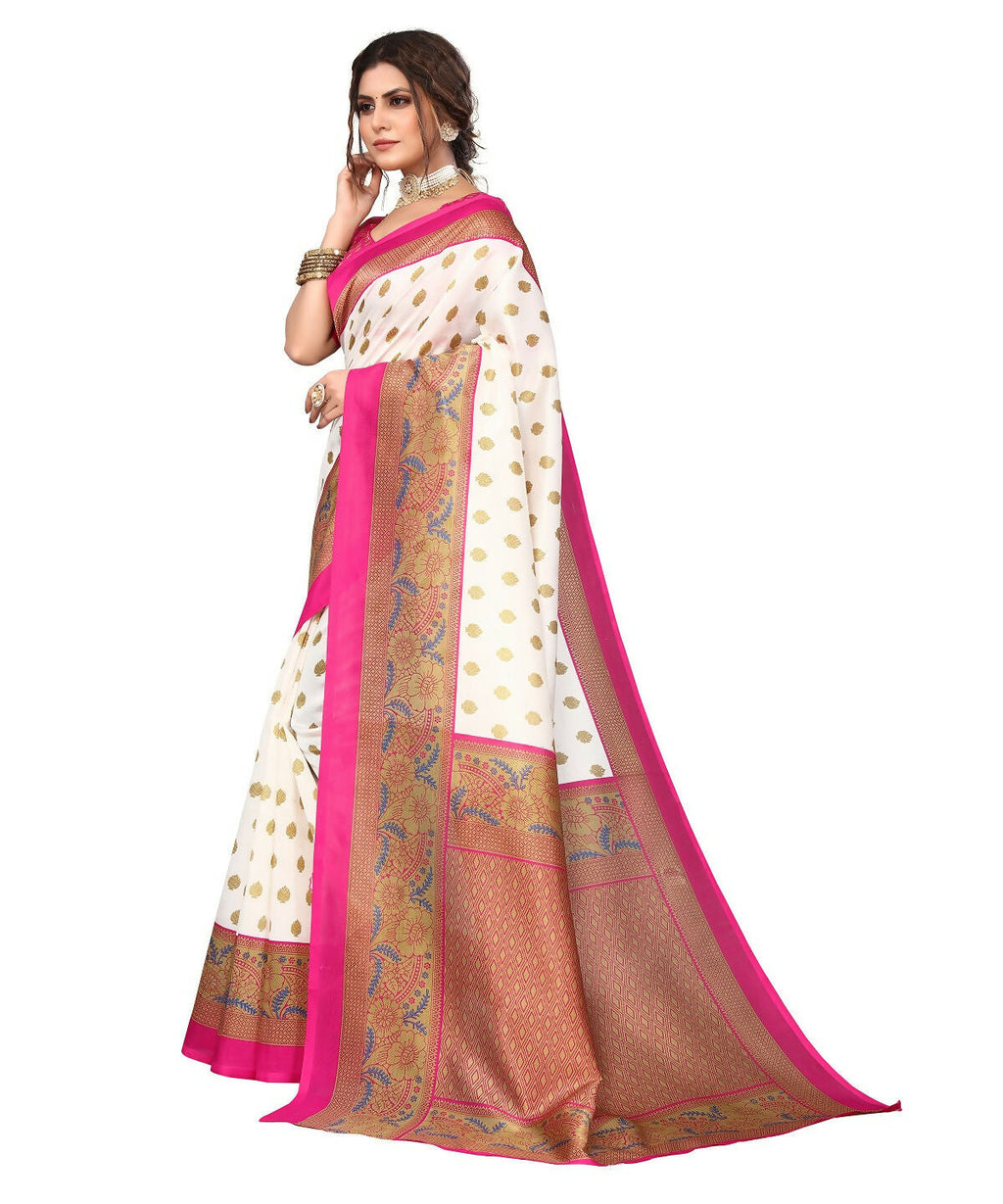 Vamika white & pink Printed Art Silk Saree | Grocsy