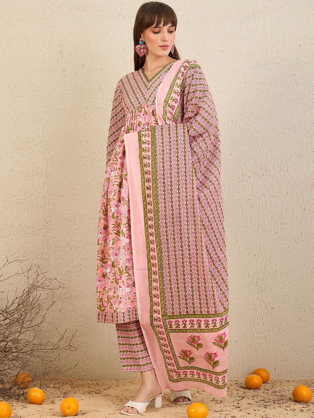 Indo Era Floral Printed Empire Pure Cotton A-Line Kurta With Trousers & Dupatta | Grocsy