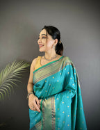 Joban Fashion Teal Butti Woven Soft Lichi Silk Paithani Saree | Grocsy