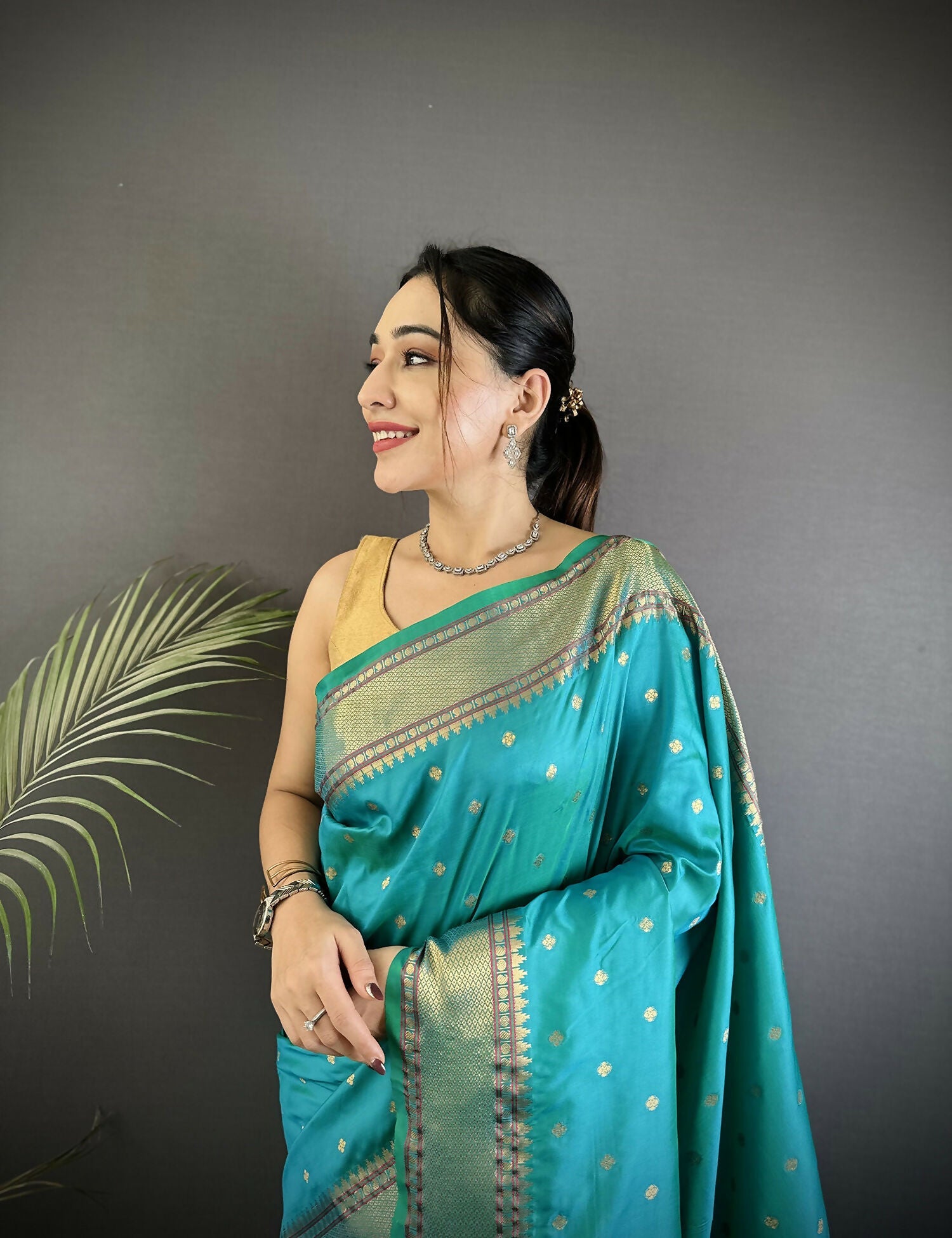Joban Fashion Teal Butti Woven Soft Lichi Silk Paithani Saree | Grocsy