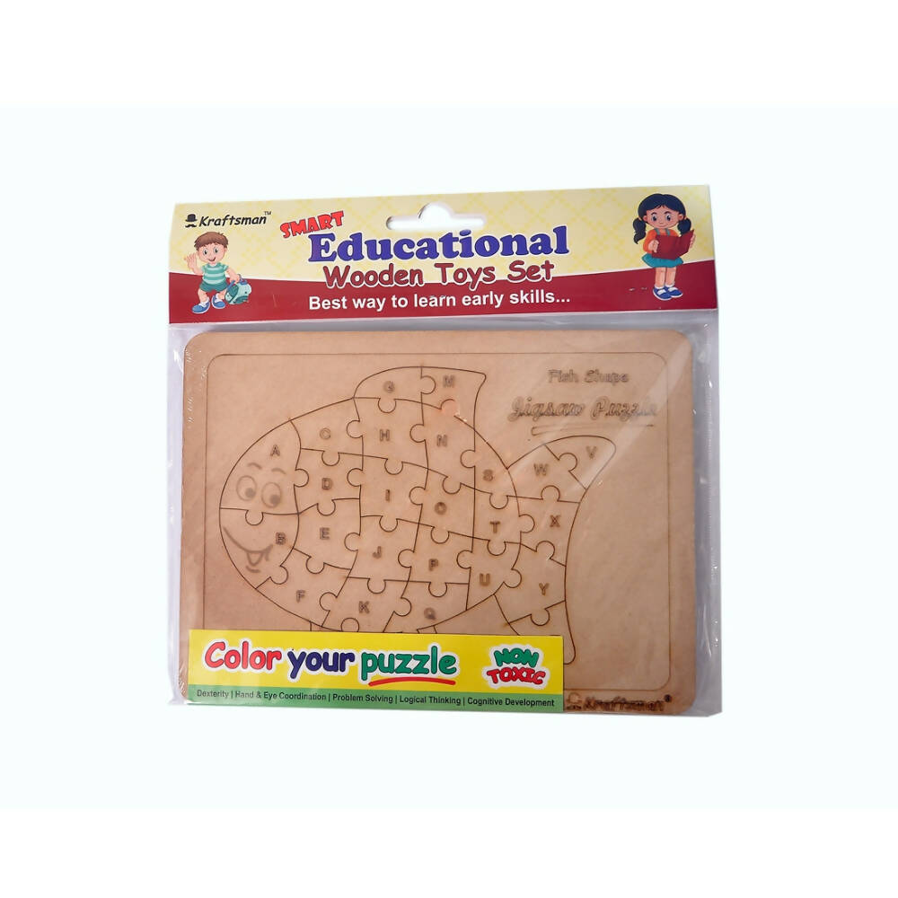Kraftsman English Alphabets Wooden Jigsaw Puzzles Fish Shape Puzzle | Color Kit Included | Grocsy