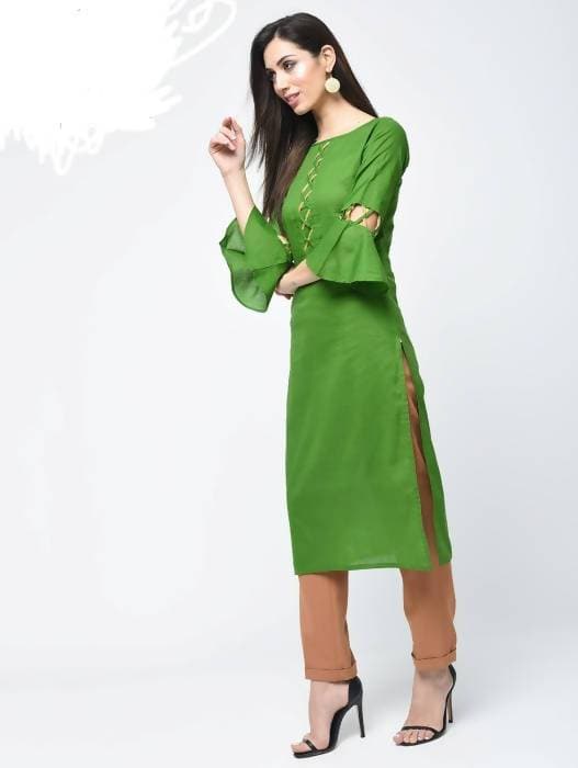 Aniyah Cotton Criss Cross Bell Sleeves Straight Kurta In Green (AN-101A) | Grocsy