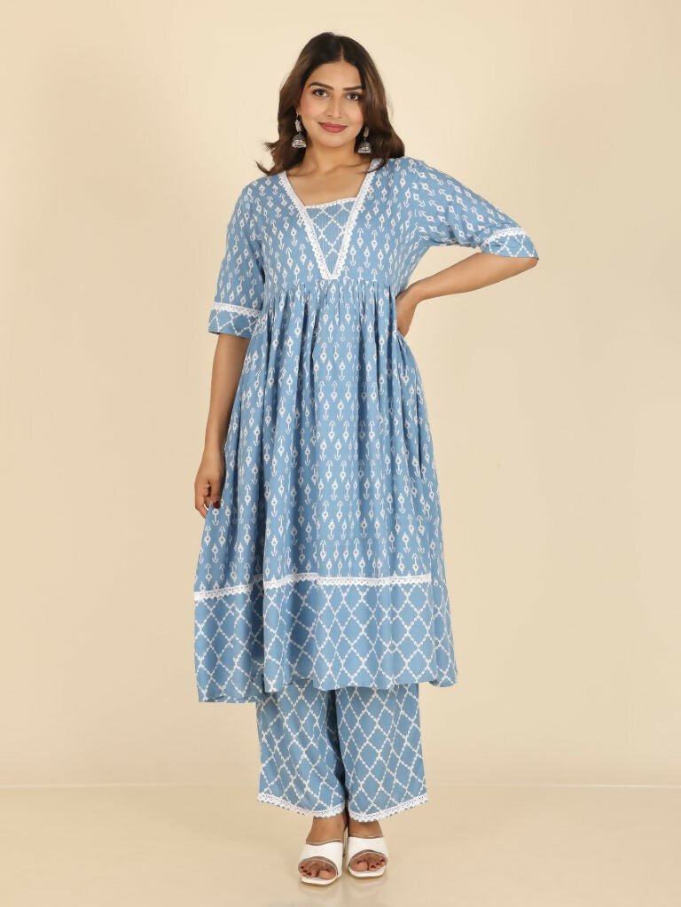 Aramya Blue Rayon Ikat Anarkali Kurta for Women | Grocsy