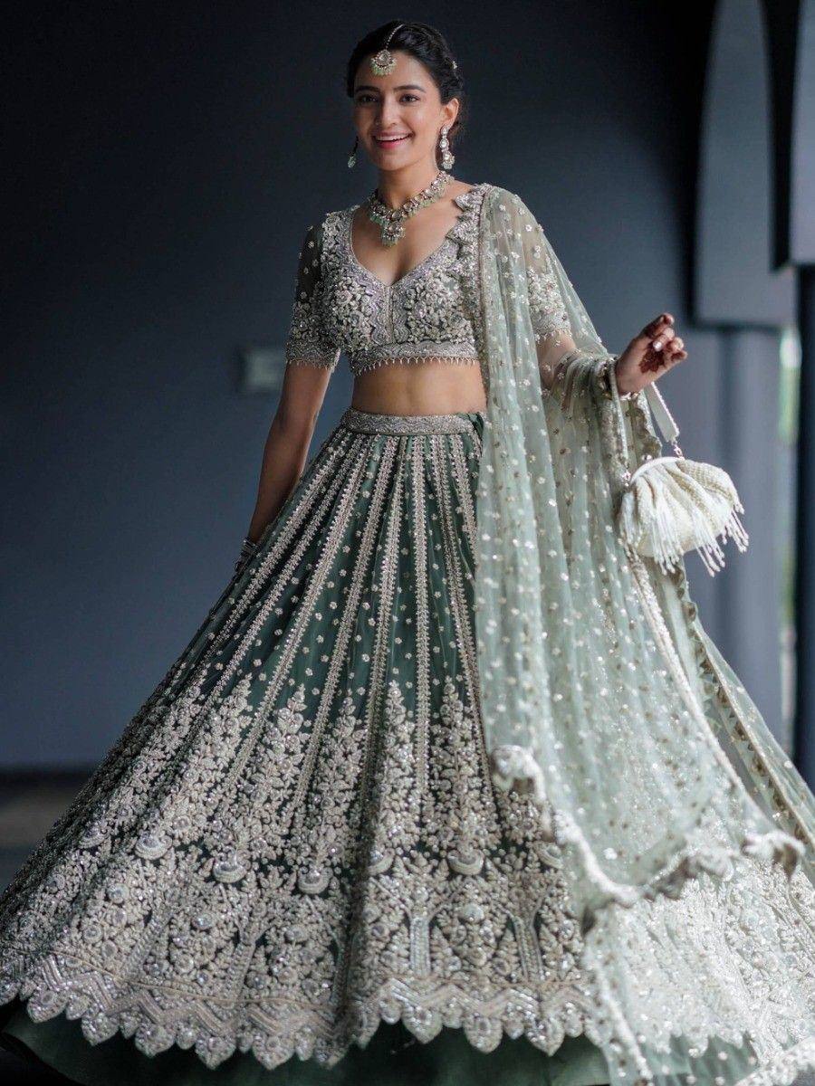 Tulsi Art Alluring Green Sequins Net Engagement Wear Lehenga Choli With Dupatta | Grocsy