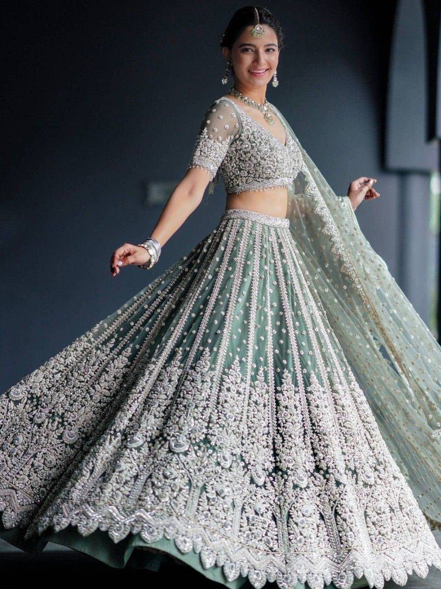Tulsi Art Alluring Green Sequins Net Engagement Wear Lehenga Choli With Dupatta | Grocsy