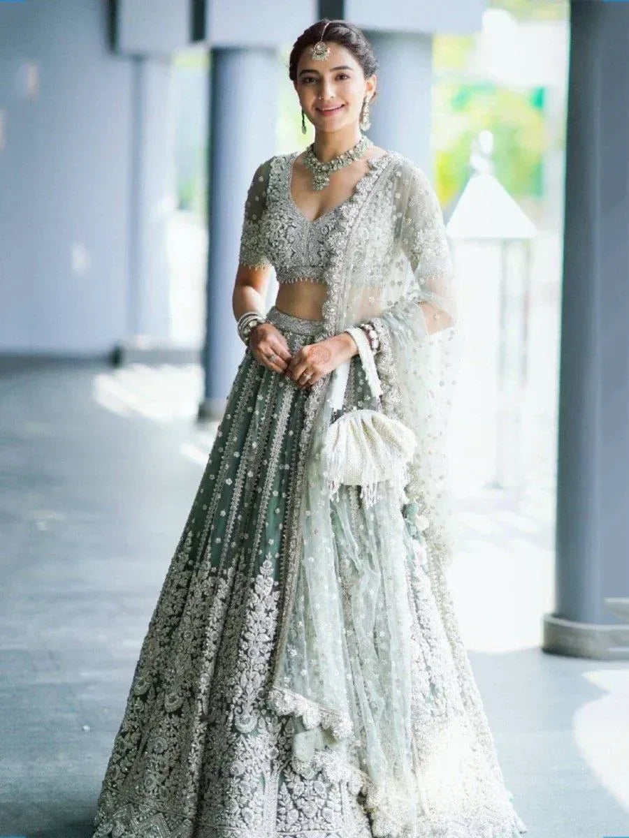 Tulsi Art Alluring Green Sequins Net Engagement Wear Lehenga Choli With Dupatta | Grocsy