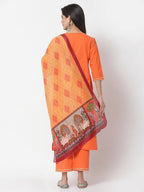 Myshka Orange Solid Cotton 3/4 Sleeve Round Neck Casual Kurta Pant Dupatta Set | Grocsy