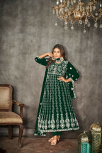 Jyoti Fashion Women's Green Net Embroidered Anarkali Kurta Pant Set With Dupatta | Grocsy