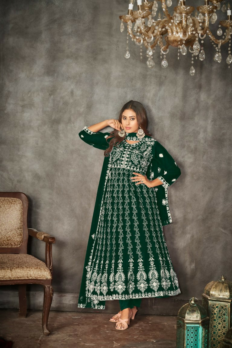 Jyoti Fashion Women's Green Net Embroidered Anarkali Kurta Pant Set With Dupatta | Grocsy