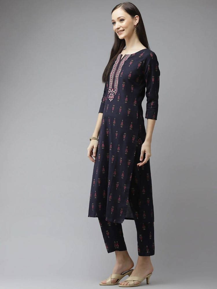 Yufta Women Navy Blue Ethnic Motifs Printed Regular Thread Work Kurta with Palazzo & With Dupatta | Grocsy