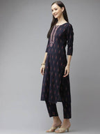 Yufta Women Navy Blue Ethnic Motifs Printed Regular Thread Work Kurta with Palazzo & With Dupatta | Grocsy