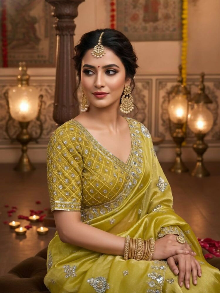Joban Fashion Yellow Fandy Satin Silk Party Wear Sarees | Grocsy