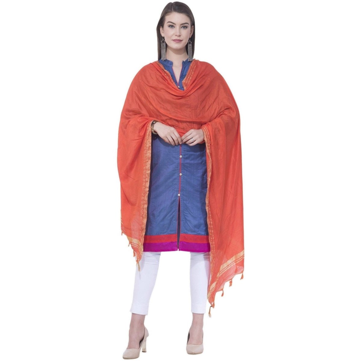 A R Silk Orange Color Golden border Cotton Dupattas & Chunnis | Grocsy