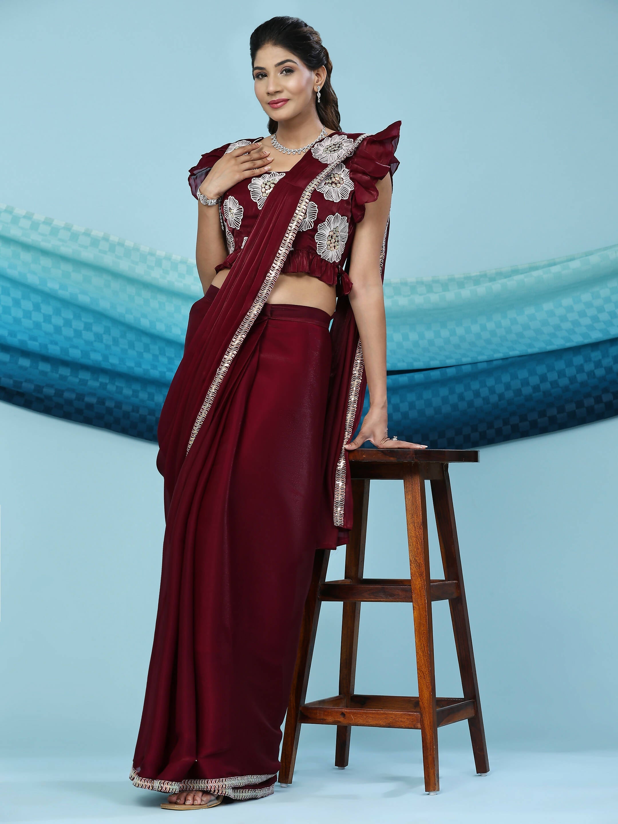 Maroon Silk Satin Sequence Work Ready to Wear Saree with stitched Blouse - Nirvana | Grocsy