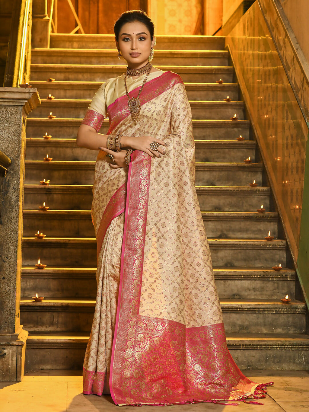 Shree Shyam Fashion Rajvastra Pink Banarasi Silk Saree | Grocsy