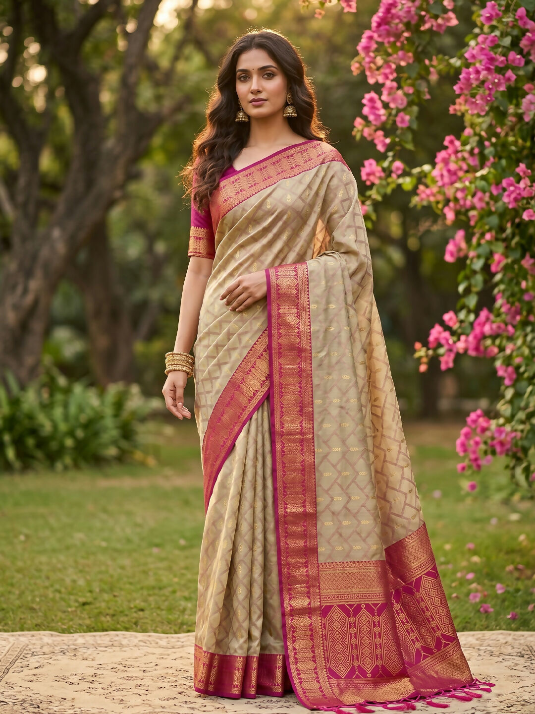 Shree Shyam Fashion Chiku With Pink Cotton Saree | Grocsy