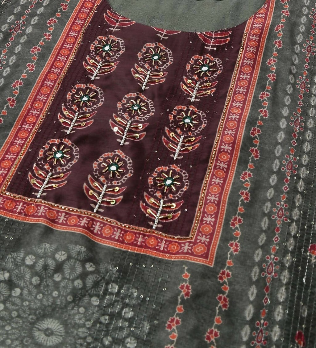 Dark Green Chinon Digital Printed With Hand Work Kurta - Himanshi | Grocsy