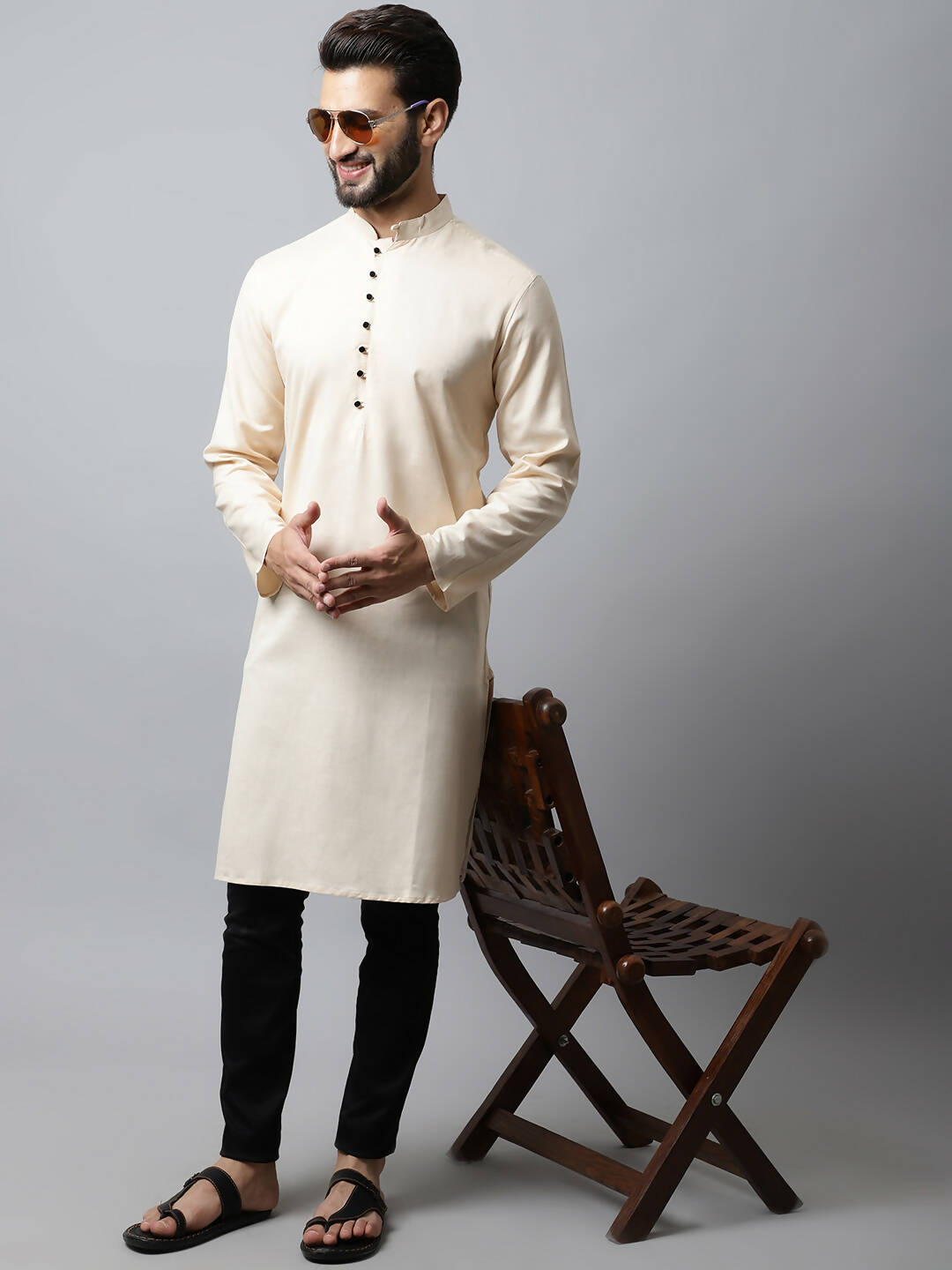 Even Apparels Cream Color Pure Cotton Men's Kurta With Side Placket (SLD1176) | Grocsy