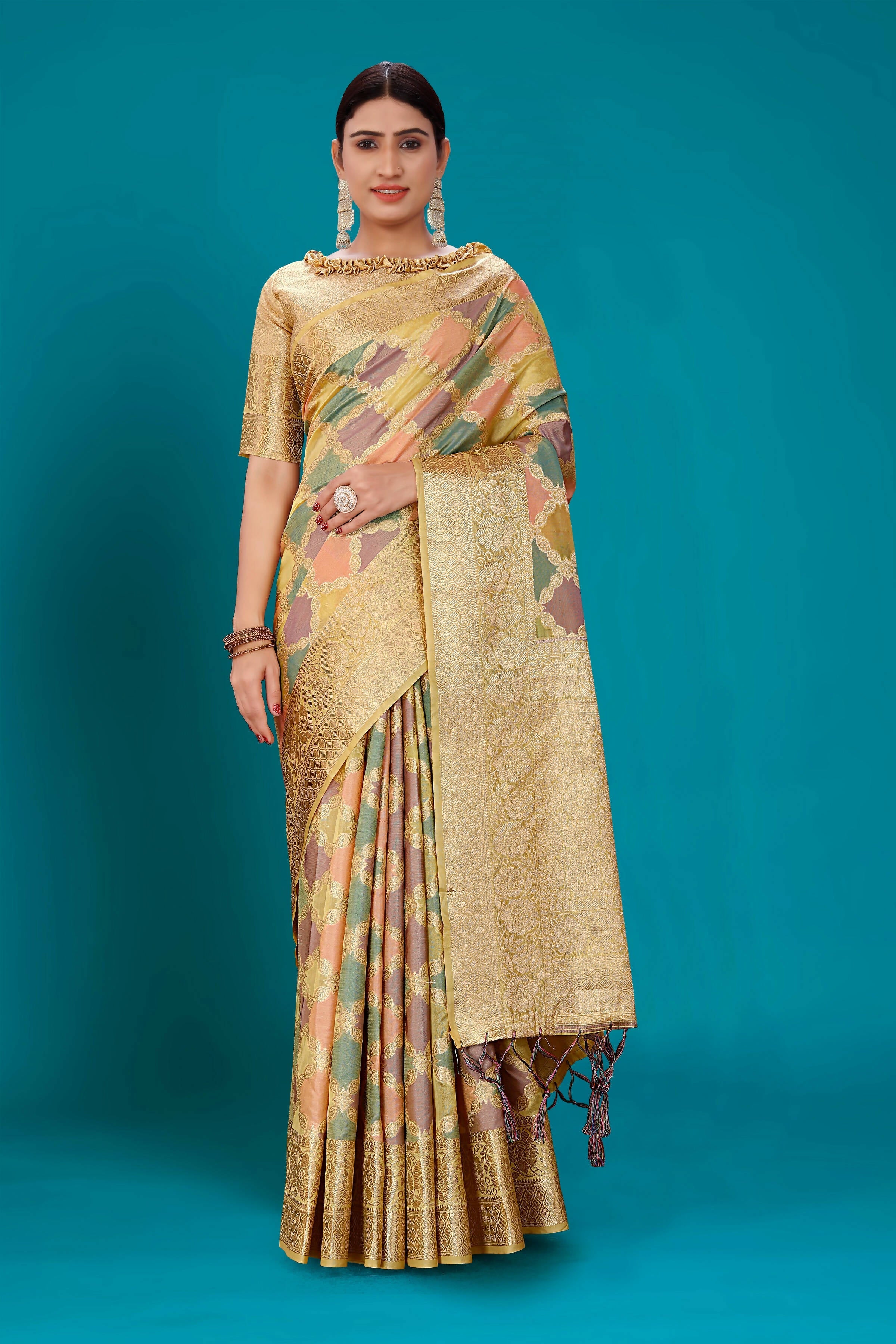 Beige Soft Organza Woven Design Saree with Unstitched Blouse Piece - Zaara | Grocsy