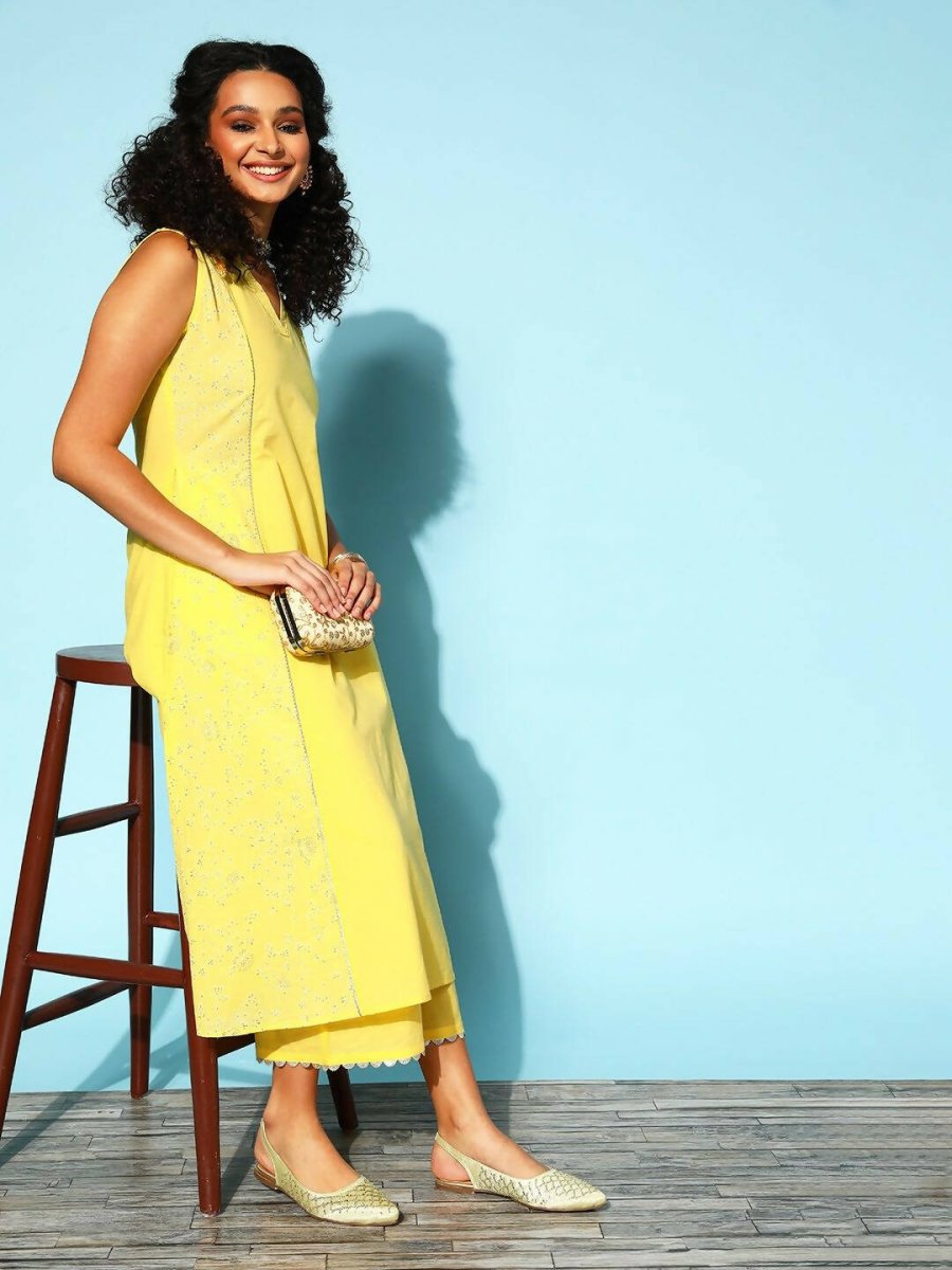 Ahalyaa Women Yellow Colour Cotton Printed Kurta Palazzo Set | Grocsy