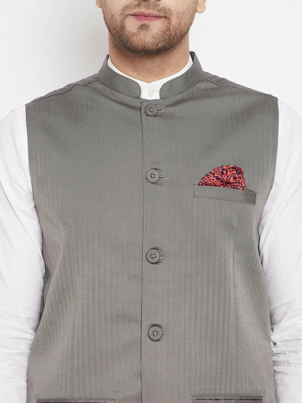 Even Apparels Grey Polyester Men's Nehru Jacket-Contrast Lining-Inbuilt Pocket Square | Grocsy