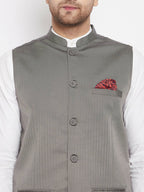 Even Apparels Grey Polyester Men's Nehru Jacket-Contrast Lining-Inbuilt Pocket Square | Grocsy