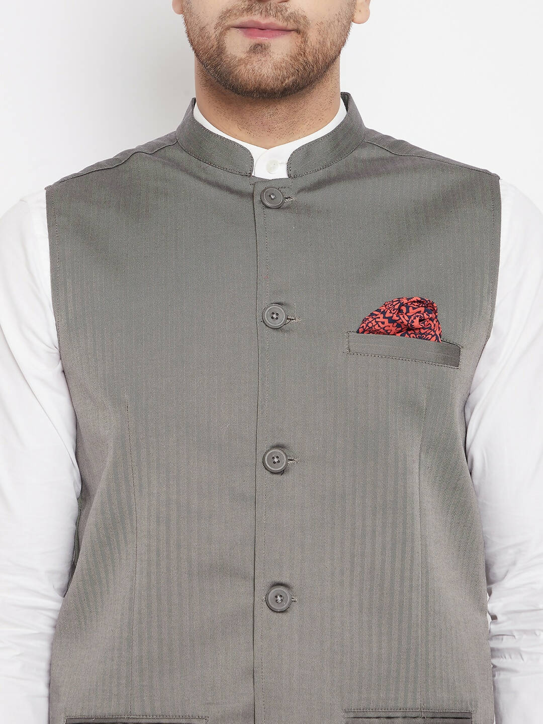 Even Apparels Grey Polyester Men's Nehru Jacket-Contrast Lining-Inbuilt Pocket Square | Grocsy