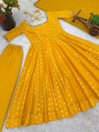 Teeya Creation Mustard Yellow Anarkali Gown With Foil Print Work - Festive Ethnic Wear Set | Grocsy