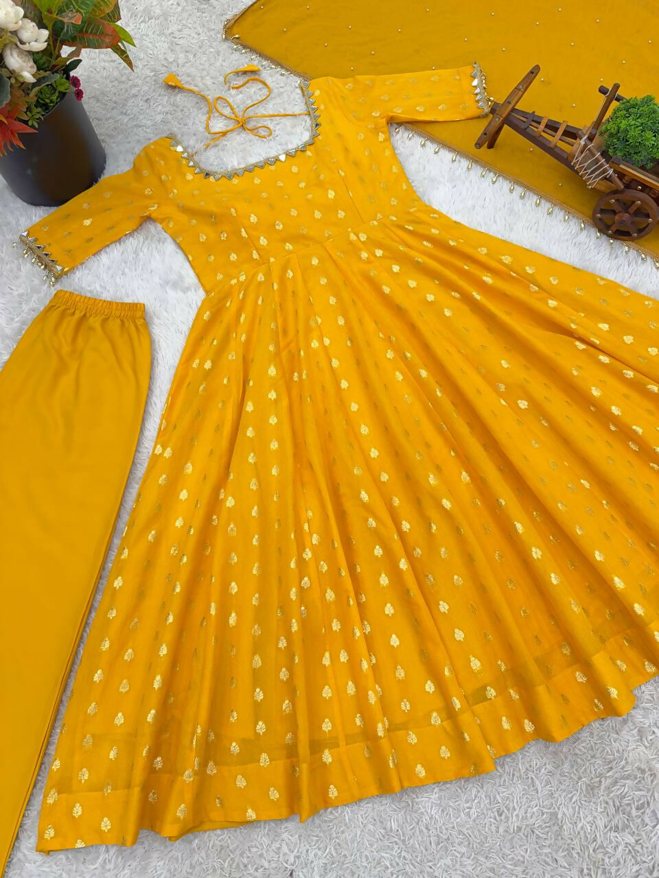 Teeya Creation Mustard Yellow Anarkali Gown With Foil Print Work - Festive Ethnic Wear Set | Grocsy