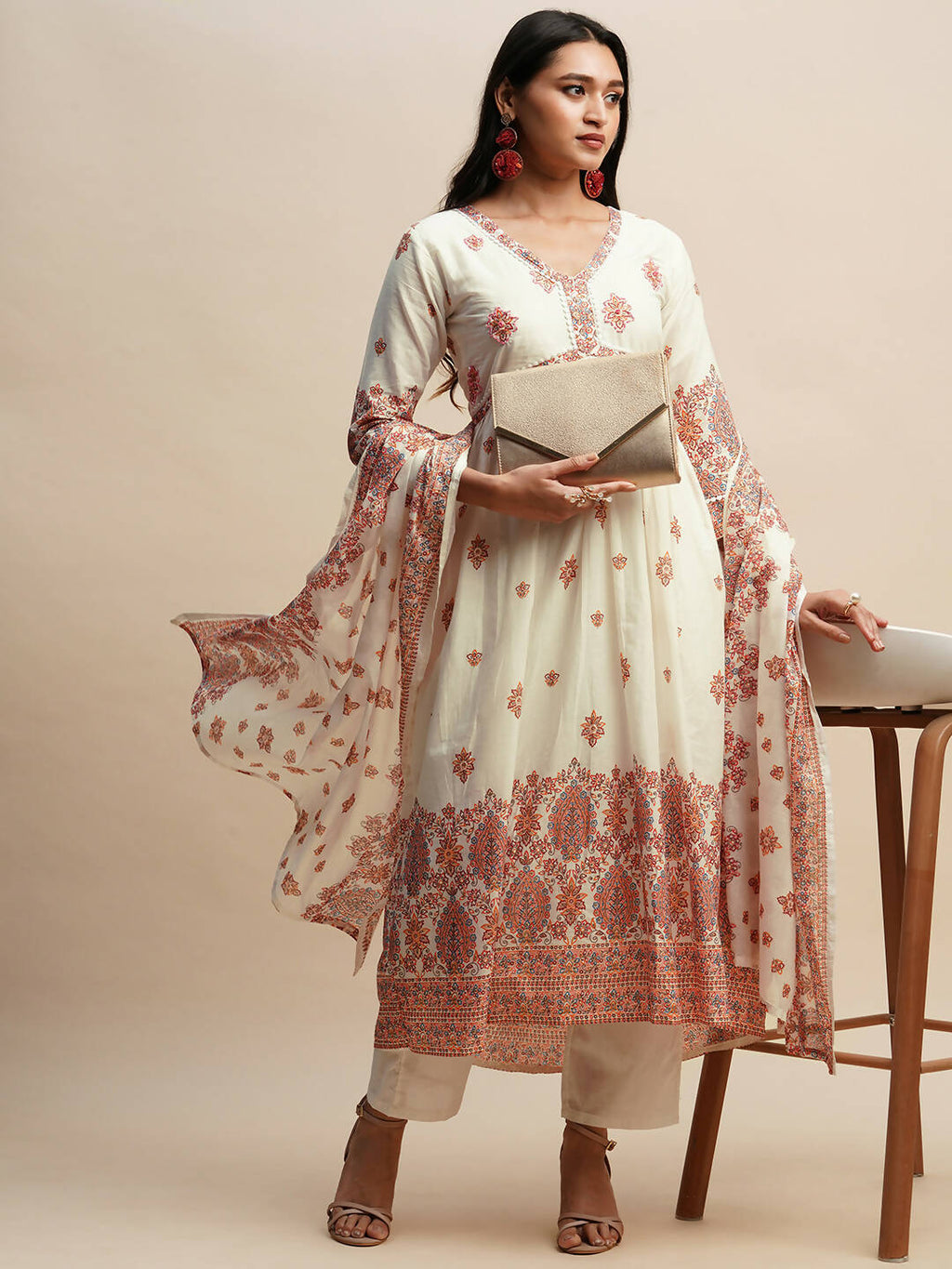 White And Peach Pure Cotton Floral Printed Anarkali Kurta And Bottom With Dupatta - Akashara | Grocsy