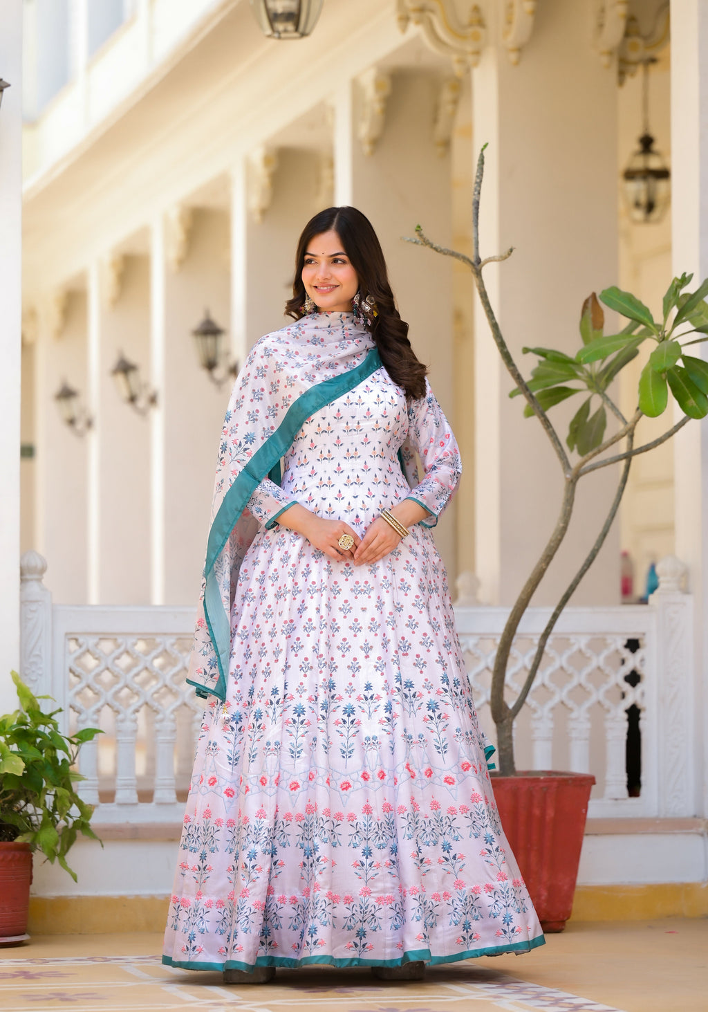 Partywear Designer White Dola Silk Anarkali suit with Dupatta- Samyukta | Grocsy