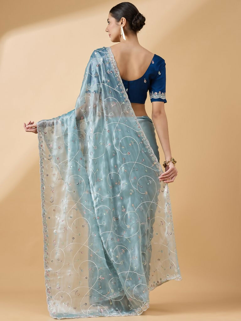 Blue Organza Sequence Embroidered Saree with Unstitched Blouse - Satya | Grocsy
