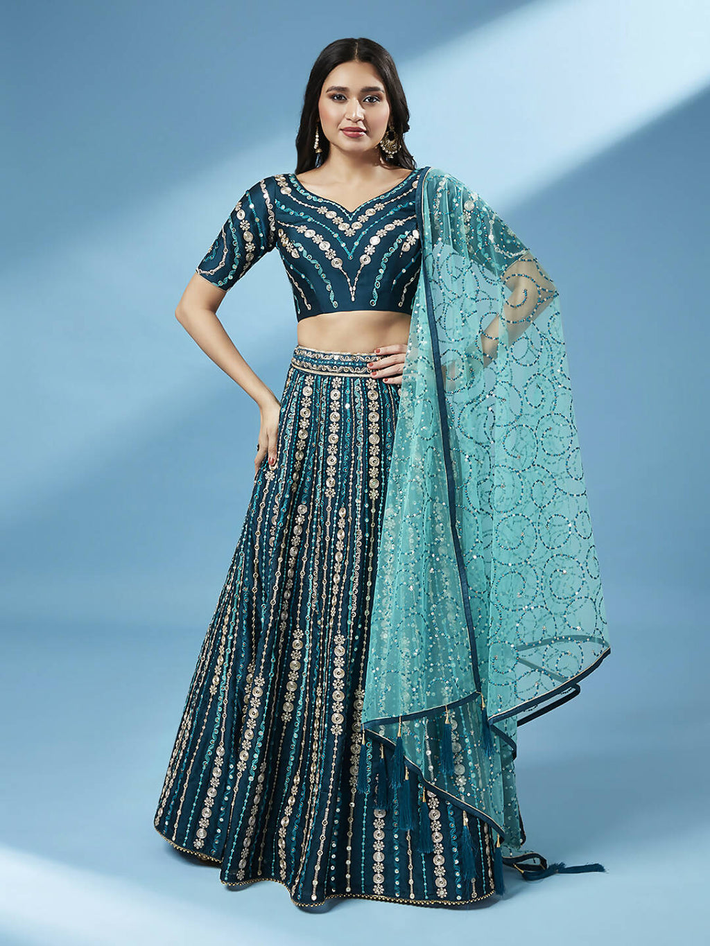 House of Panchhi Teal Pure Georgette Sequinse Work Lehenga & Blouse with Dupatta | Grocsy