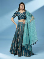 House of Panchhi Teal Pure Georgette Sequinse Work Lehenga & Blouse with Dupatta | Grocsy
