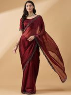 Brown Organza Swaroski Diamond Work Saree with Unstitched Blouse - Radha | Grocsy