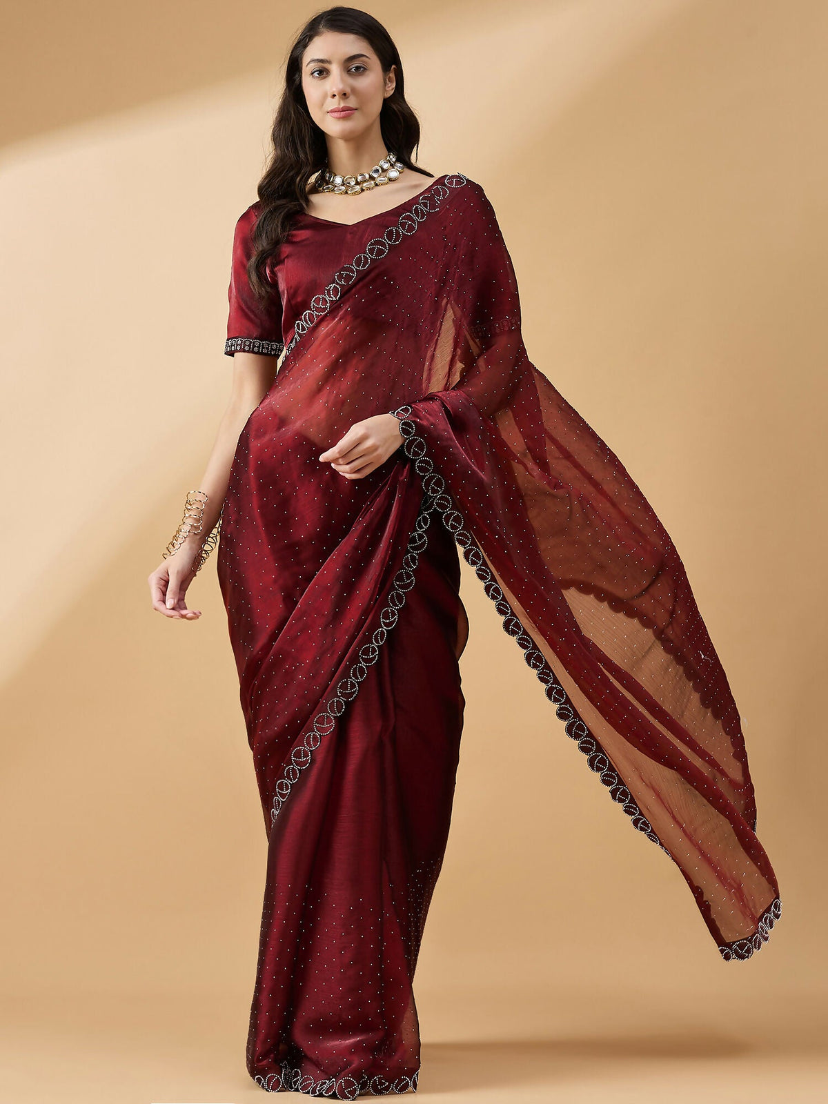 Brown Organza Swaroski Diamond Work Saree with Unstitched Blouse - Radha | Grocsy