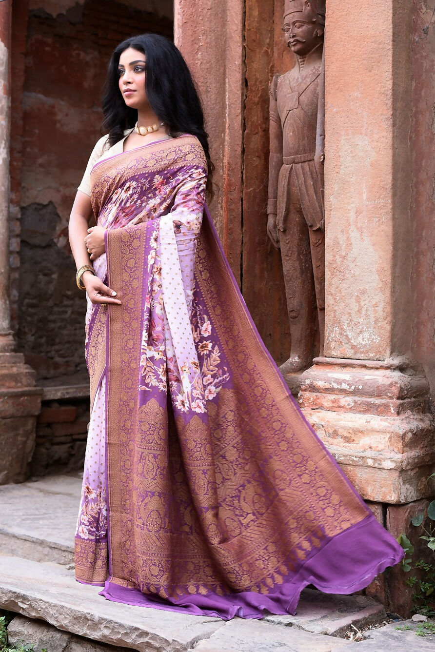 Joban Fashion Dark And Light Lilac Crepe Chiffon Pure Handloom Banarasi Silk Saree | Grocsy