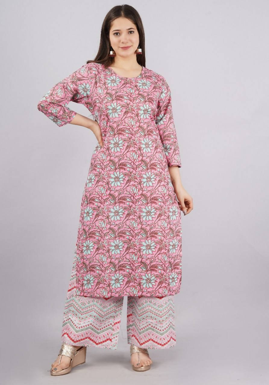 Vamika Printed Cotton Pink Party Wear/Casual Wear Kurta Set/Suit | Grocsy