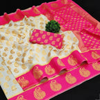 DEIANA'S Beautiful Designer Golden zari Soft Lichi Silk Saree - White | Grocsy