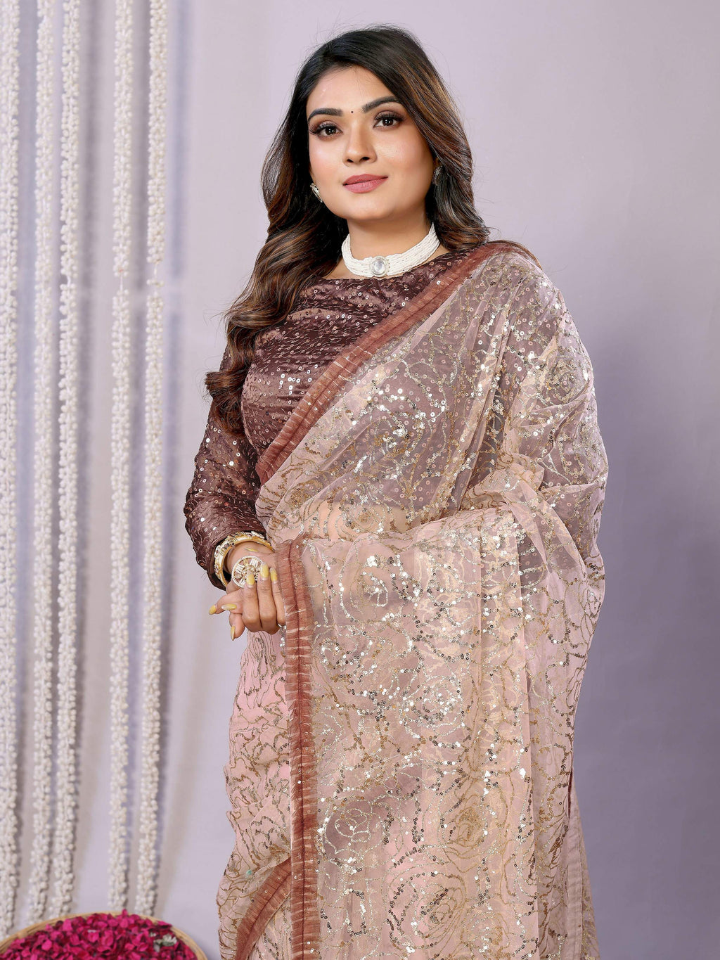 Brown Net Embroidered Saree With Stitched Blouse - Nimaya Kaksha | Grocsy