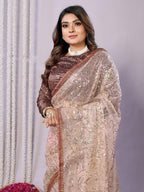 Brown Net Embroidered Saree With Stitched Blouse - Nimaya Kaksha | Grocsy